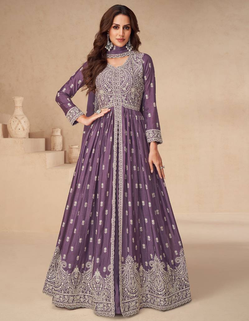 Purple embroidery & sequins work chinnon silk  anarkali pant - free size stitching (size upto 42")