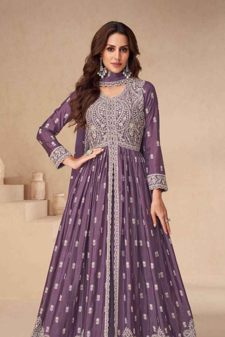 Purple embroidery & sequins work chinnon silk  anarkali pant - free size stitching (size upto 42")