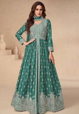 Green embroidery & sequins work chinnon silk  anarkali pant - free size stitching (size upto 42") 1