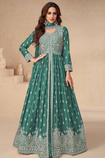 Green embroidery & sequins work chinnon silk  anarkali pant - free size stitching (size upto 42")