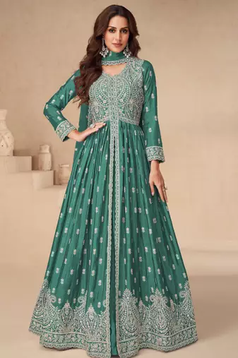 Green embroidery & sequins work chinnon silk  anarkali pant - free size stitching (size upto 42")