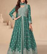 Green embroidery & sequins work chinnon silk  anarkali pant - free size stitching (size upto 42")