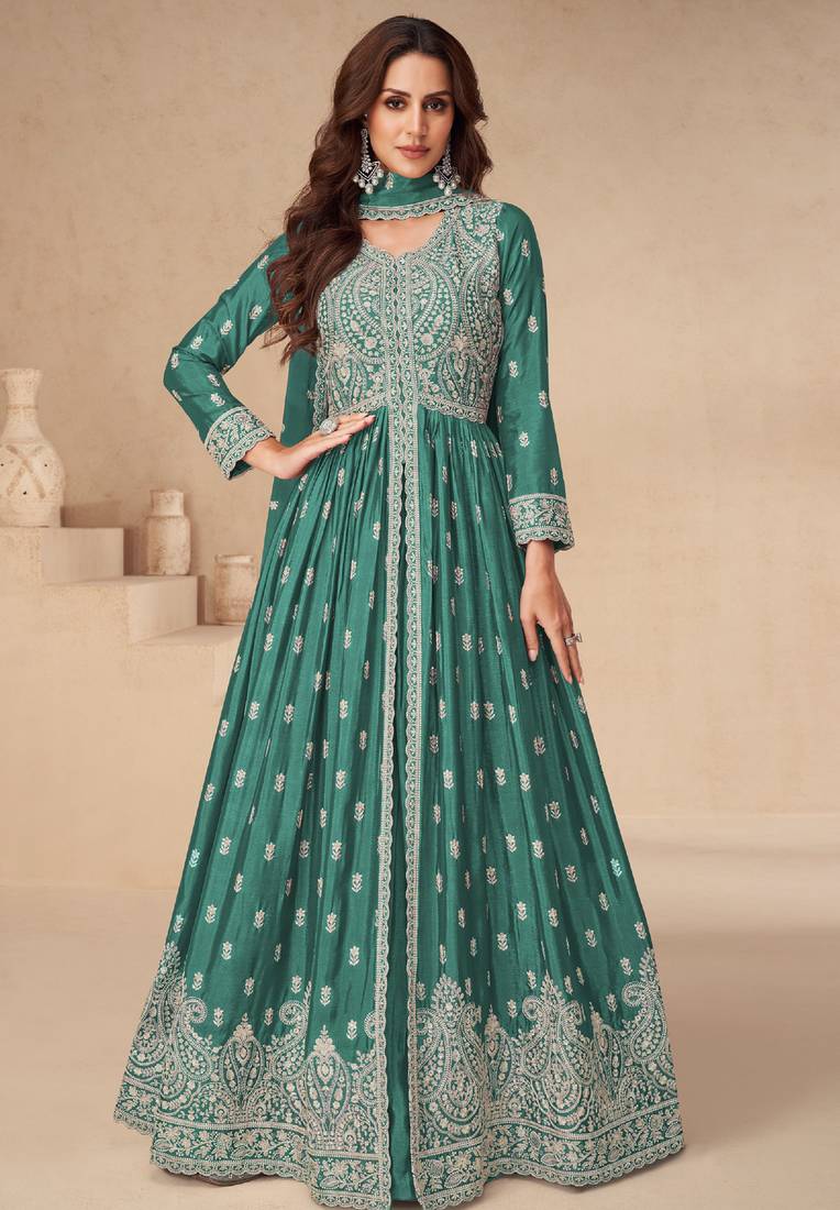 Green embroidery & sequins work chinnon silk  anarkali pant - free size stitching (size upto 42")