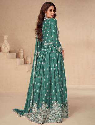 Green embroidery & sequins work chinnon silk  anarkali pant - free size stitching (size upto 42") 2