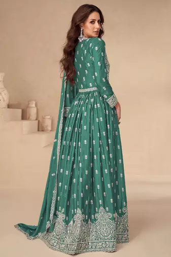 Green embroidery & sequins work chinnon silk  anarkali pant - free size stitching (size upto 42")