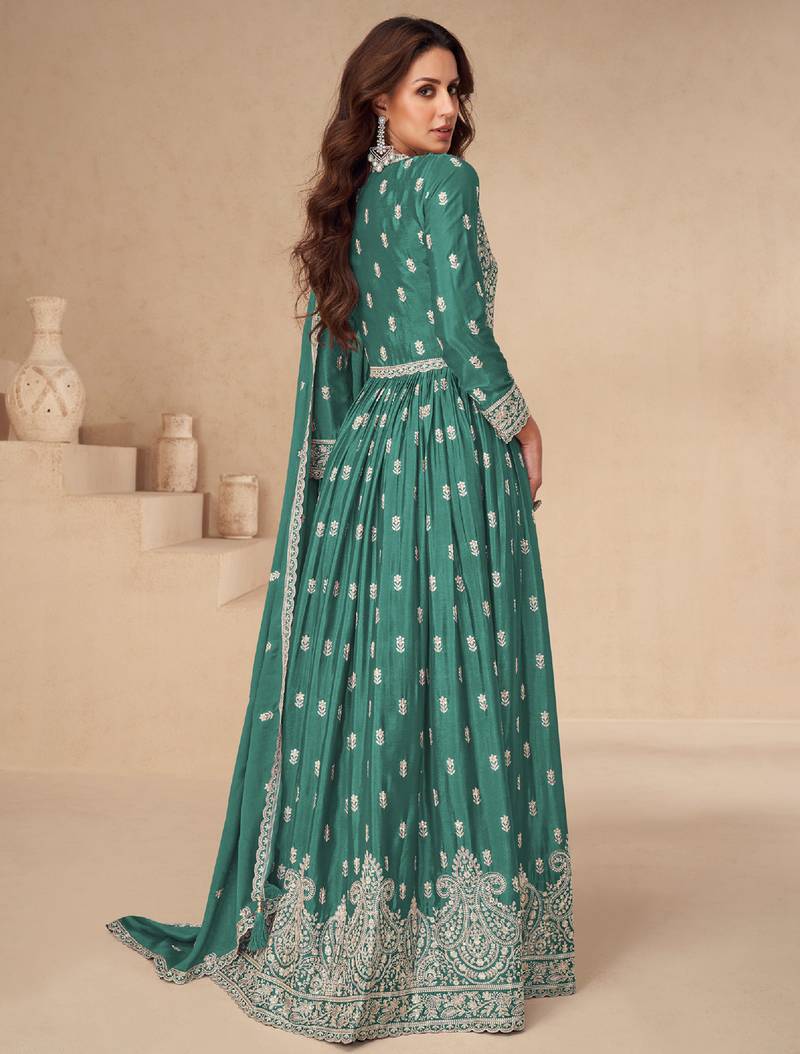 Green embroidery & sequins work chinnon silk  anarkali pant - free size stitching (size upto 42")