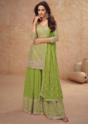 Lime green embroidery & sequins work chinnon silk straight palazzo - free size(size upto 42") 1
