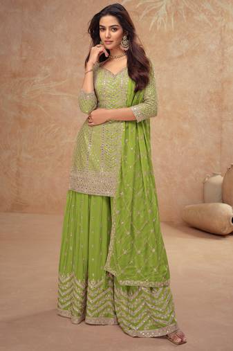 Lime green embroidery & sequins work chinnon silk straight  palazzo - free size stitching (size upto 42")