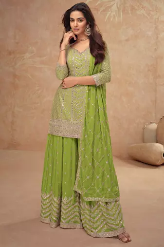 Lime green embroidery & sequins work chinnon silk straight  palazzo - free size stitching (size upto 42")