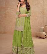 Lime green embroidery & sequins work chinnon silk straight palazzo - free size(size upto 42")