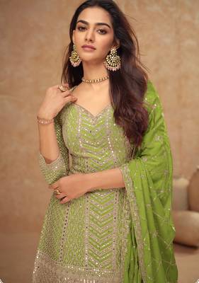 Lime green embroidery & sequins work chinnon silk straight palazzo - free size(size upto 42") 2