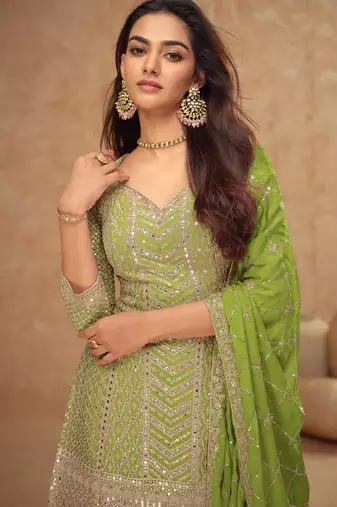 Lime green embroidery & sequins work chinnon silk straight palazzo - free size(size upto 42")