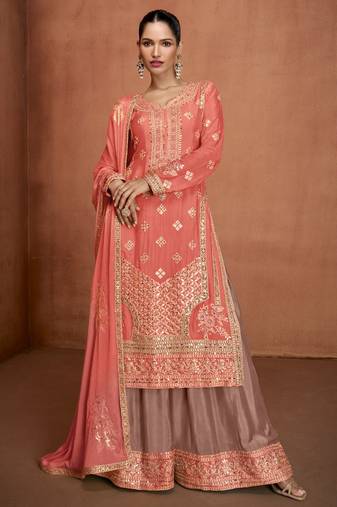 Peach embroidery & sequins work chinnon silk straight  palazzo - free size stitching (size upto 42")