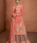 Peach embroidery & sequins work chinnon silk straight  palazzo - free size stitching (size upto 42")