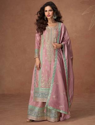 Lilac embroidery & sequins work chinnon silk straight palazzo - free size stitching (size upto 42") 1