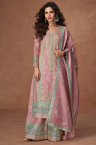 Lilac embroidery & sequins work chinnon silk straight  palazzo - free size stitching (size upto 42")