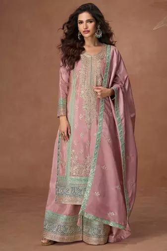 Lilac embroidery & sequins work chinnon silk straight palazzo - free size stitching (size upto 42")