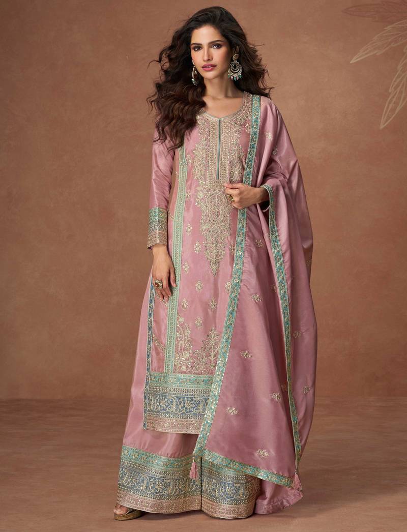 Lilac embroidery & sequins work chinnon silk straight  palazzo - free size stitching (size upto 42")