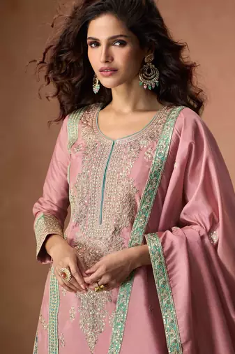 Lilac embroidery & sequins work chinnon silk straight palazzo - free size stitching (size upto 42")
