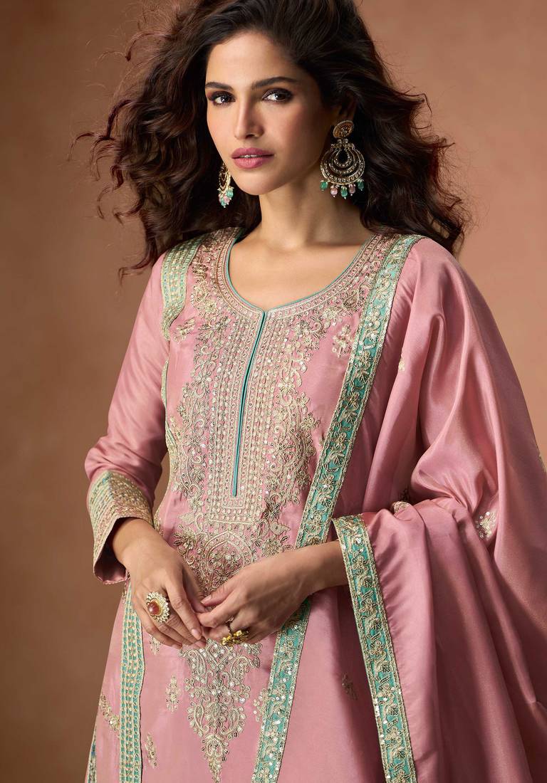 Lilac embroidery & sequins work chinnon silk straight  palazzo - free size stitching (size upto 42")