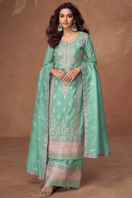 Turquoise embroidery & sequins work chinnon silk straight palazzo - free size stitching (size upto 42") 1