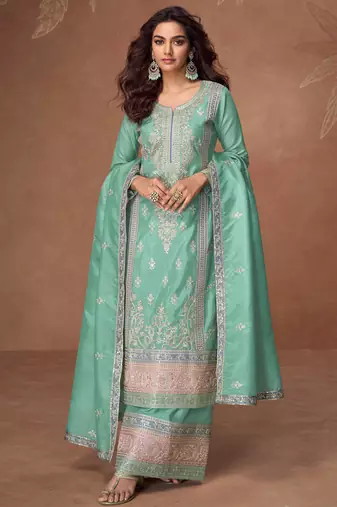 Turquoise embroidery & sequins work chinnon silk straight palazzo - free size stitching (size upto 42")