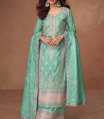 Turquoise embroidery & sequins work chinnon silk straight palazzo - free size stitching (size upto 42")