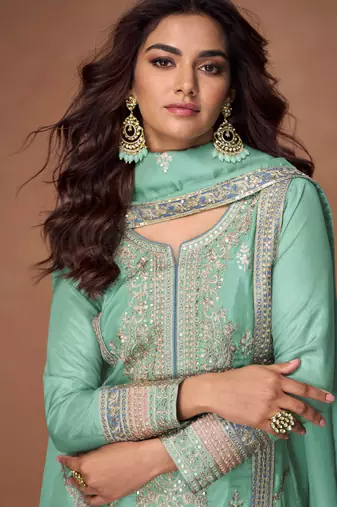Turquoise embroidery & sequins work chinnon silk straight palazzo - free size stitching (size upto 42")