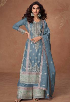 Blue embroidery & sequins work chinnon silk straight palazzo - free size stitching (size upto 42") 1