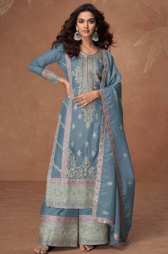 Blue embroidery & sequins work chinnon  silk straight  palazzo - free size stitching (size upto 42")