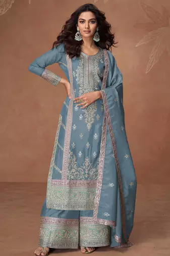 Blue embroidery & sequins work chinnon silk straight palazzo - free size stitching (size upto 42")