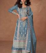 Blue embroidery & sequins work chinnon silk straight palazzo - free size stitching (size upto 42")