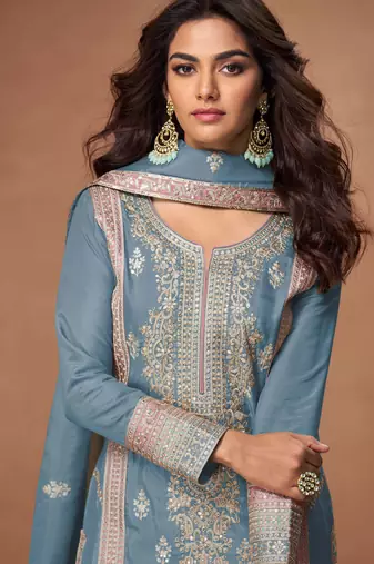 Blue embroidery & sequins work chinnon silk straight palazzo - free size stitching (size upto 42")