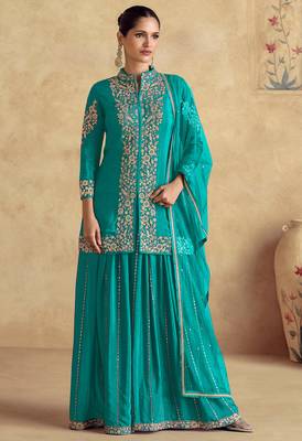 Blue embroidery & sequins work chinnon silk straight palazzo - free size stitching (size upto 42") 1