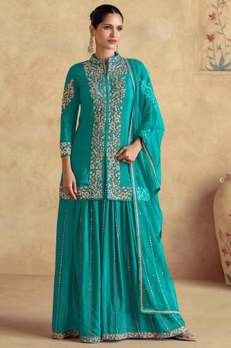 Blue embroidery & sequins work chinnon  silk straight  palazzo - free size stitching (size upto 42")
