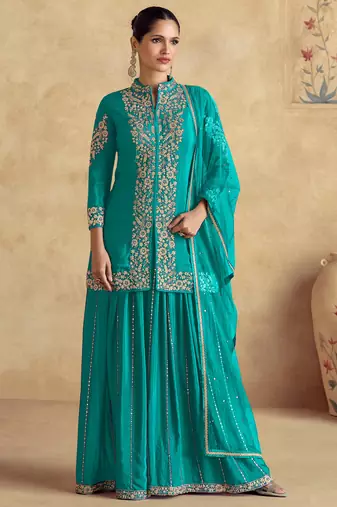 Blue embroidery & sequins work chinnon silk straight palazzo - free size stitching (size upto 42")