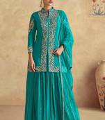 Blue embroidery & sequins work chinnon silk straight palazzo - free size stitching (size upto 42")