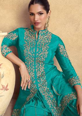Blue embroidery & sequins work chinnon silk straight palazzo - free size stitching (size upto 42") 2