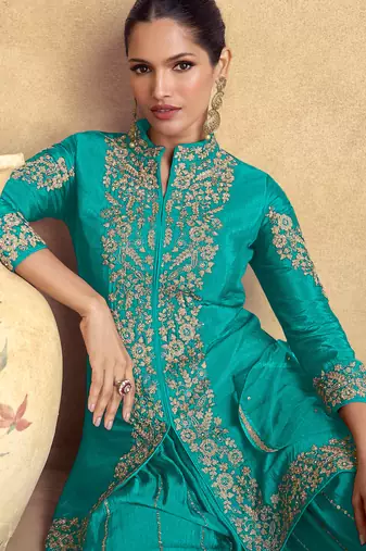 Blue embroidery & sequins work chinnon silk straight palazzo - free size stitching (size upto 42")