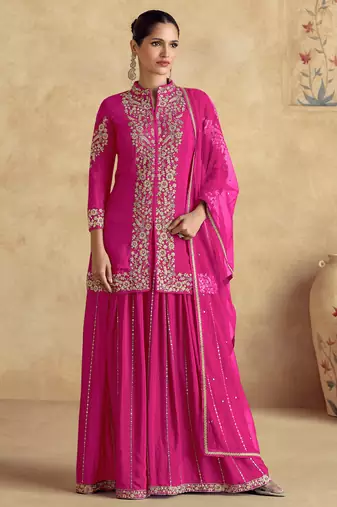 Pink embroidery & sequins work chinnon silk straight palazzo - free size stitching (size upto 42")