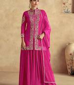 Pink embroidery & sequins work chinnon silk straight palazzo - free size stitching (size upto 42")