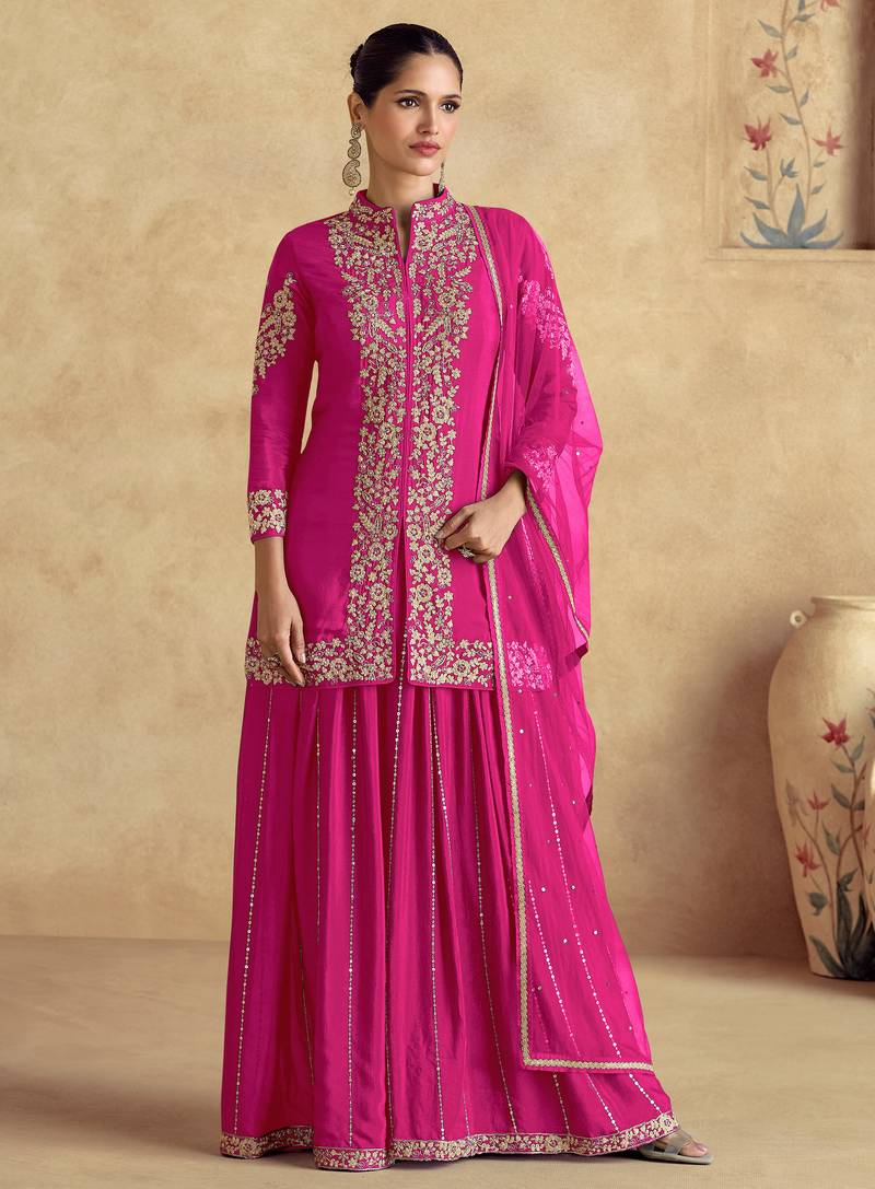 Pink embroidery & sequins work chinnon  silk straight  palazzo - free size stitching (size upto 42")