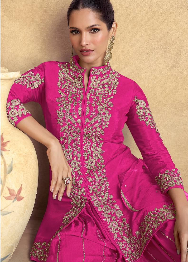 Pink embroidery & sequins work chinnon  silk straight  palazzo - free size stitching (size upto 42")