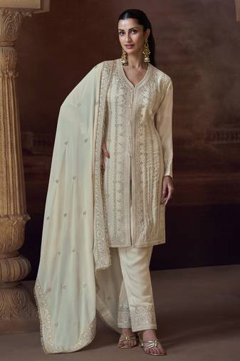 Beige embroidery & sequins work chinnon silk straight palazzo - free size stitching (size upto 42")