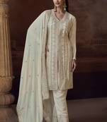 Beige embroidery & sequins work chinnon silk straight palazzo - free size stitching (size upto 42")