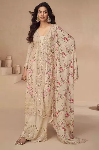 Beige embroidery & sequins work chinnon silk anarkali palazzo - free size stitching (size upto 42")