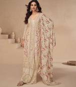 Beige embroidery & sequins work chinnon silk anarkali palazzo - free size stitching (size upto 42")