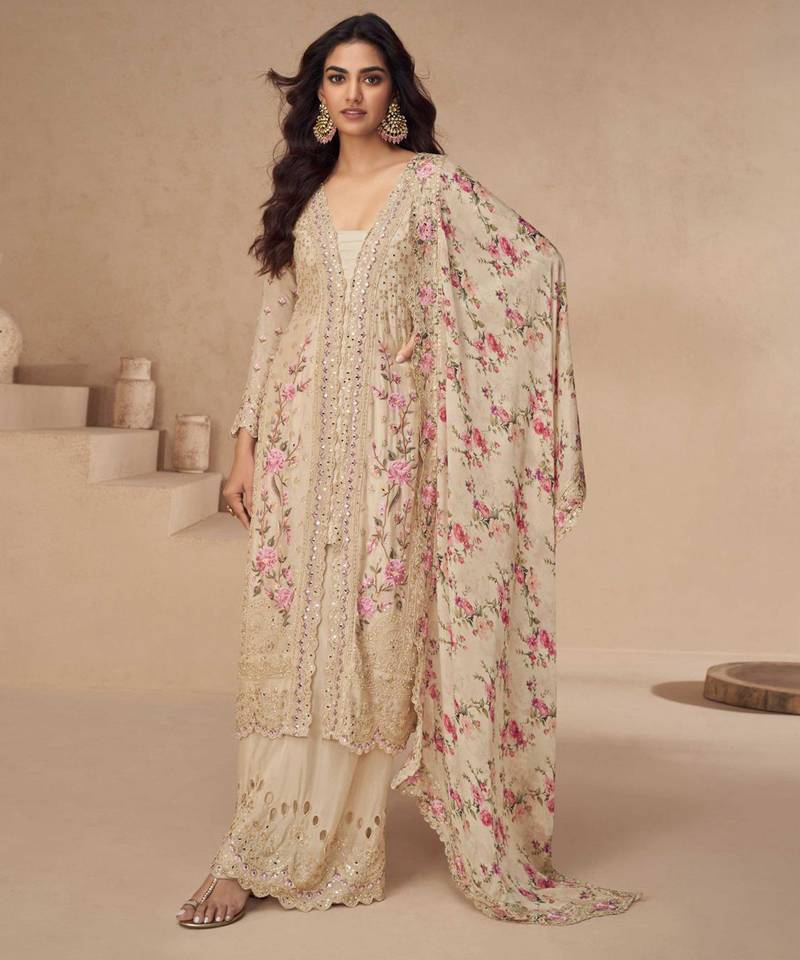 Beige embroidery & sequins work chinnon silk anarkali palazzo - free size stitching (size upto 42")