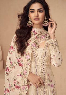 Beige embroidery & sequins work chinnon silk anarkali palazzo - free size stitching (size upto 42") 2