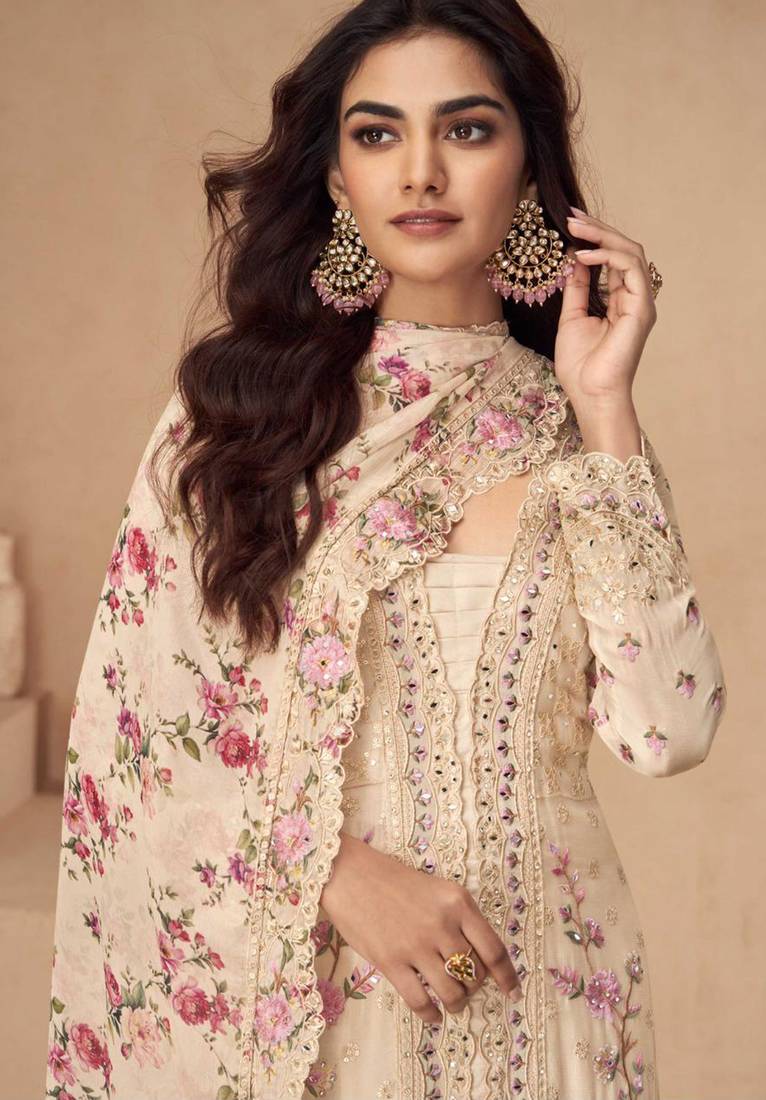 Beige embroidery & sequins work chinnon silk anarkali palazzo - free size stitching (size upto 42")